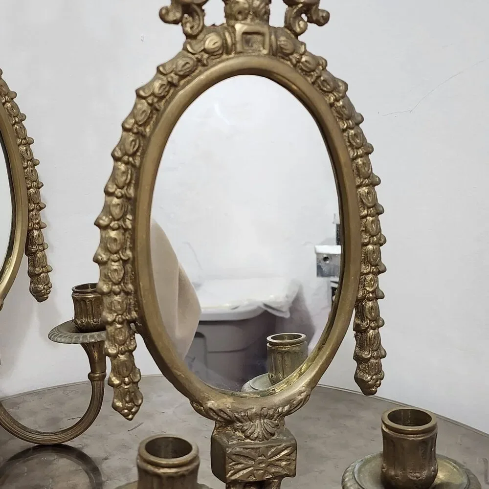 Vtg Maitland-Smith Mirrored Wall Sconces Pair Brass Bronze Vintage Candle Holder